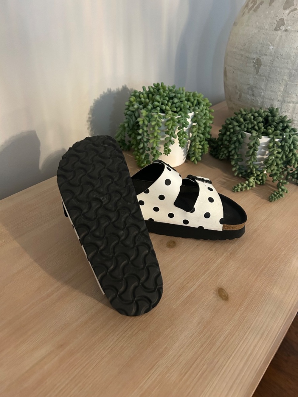 Papillio Black and White Polka Dot Double-Buckle Slide Sandals - Picture 5 of 7